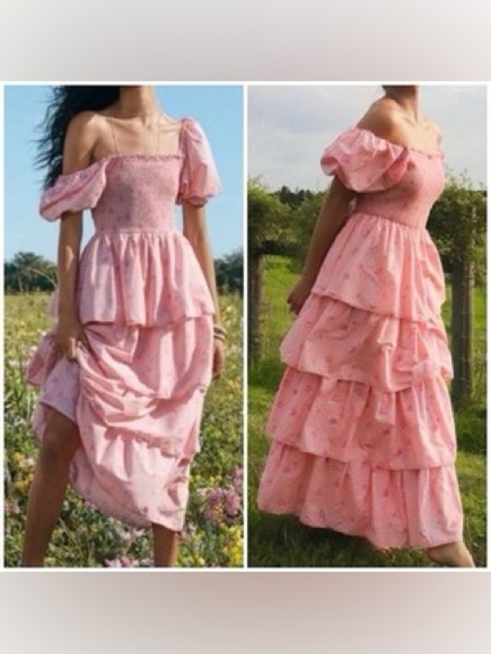 LoveShackFancy Pink Tiered Off-Shoulder Maxi Dress